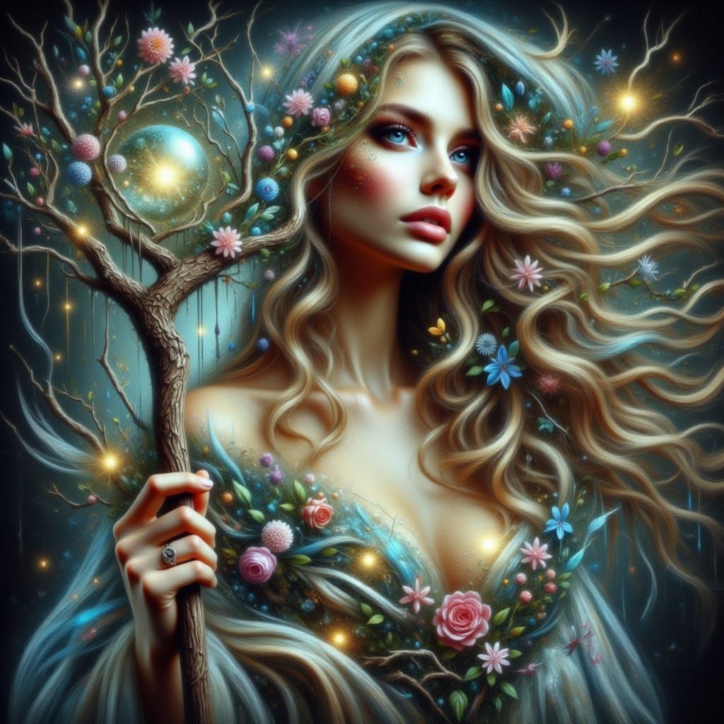 Ethereal Goddess with Shimmering Gown and Crystal Orb