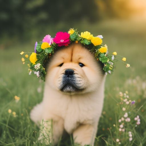 Chow Chow Puppy with Flower Crown in Field