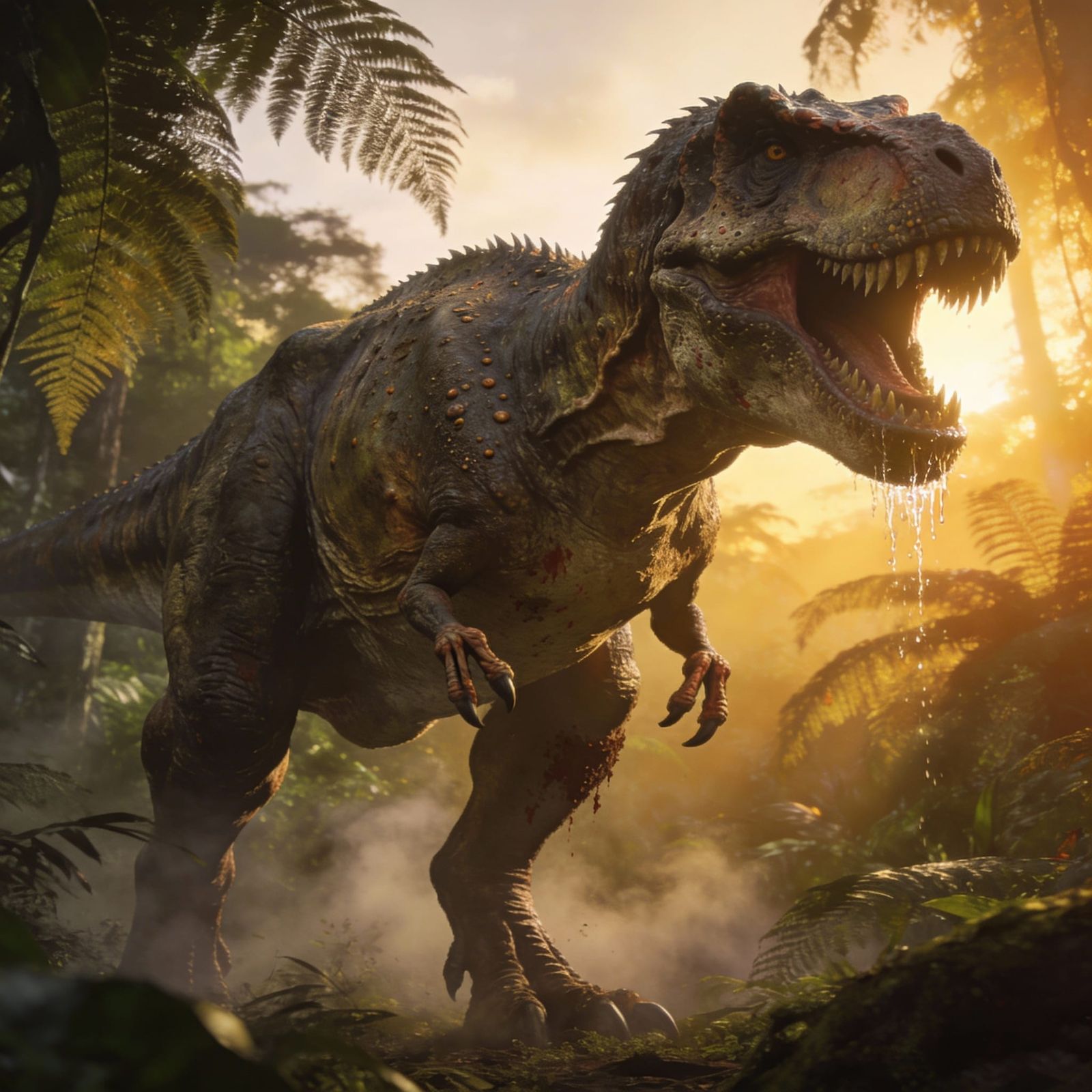 Massive Tyrannosaurus Rex in Prehistoric Jungle at Dawn