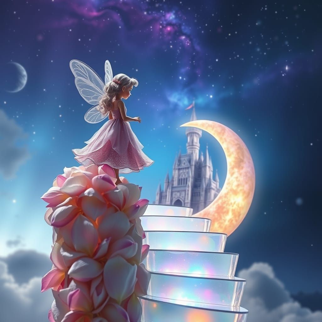 Fairy Ascends to Castle in Cosmic Sky