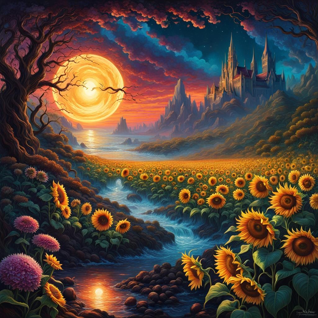 Vibrant Sunflower Field Under Moonlight, Dark Fantasy Art