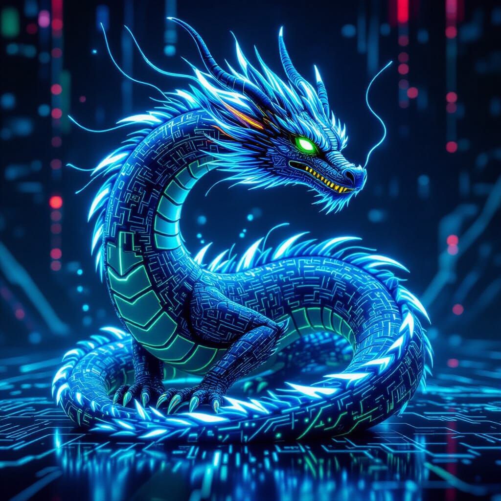Cyberpunk Dragon Made of Code and Circuits