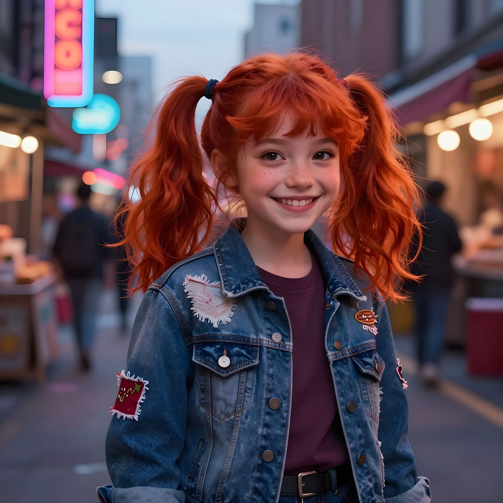 Fiery Red Haired Girl in Neon Lit Market
