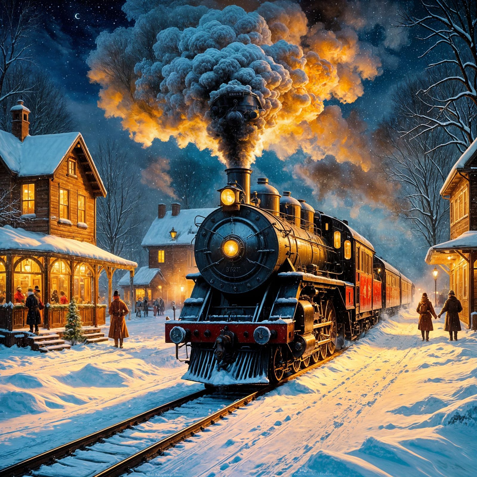 Christmas Steam Train in Snowy Night Landscape Oil Painting