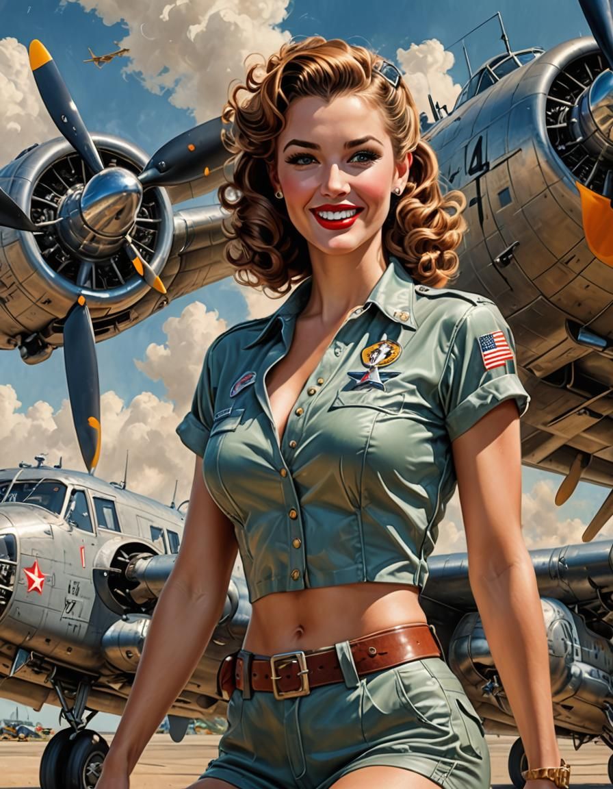 B-24 Nose Art of a Pinup Girl in Hyperrealistic Style