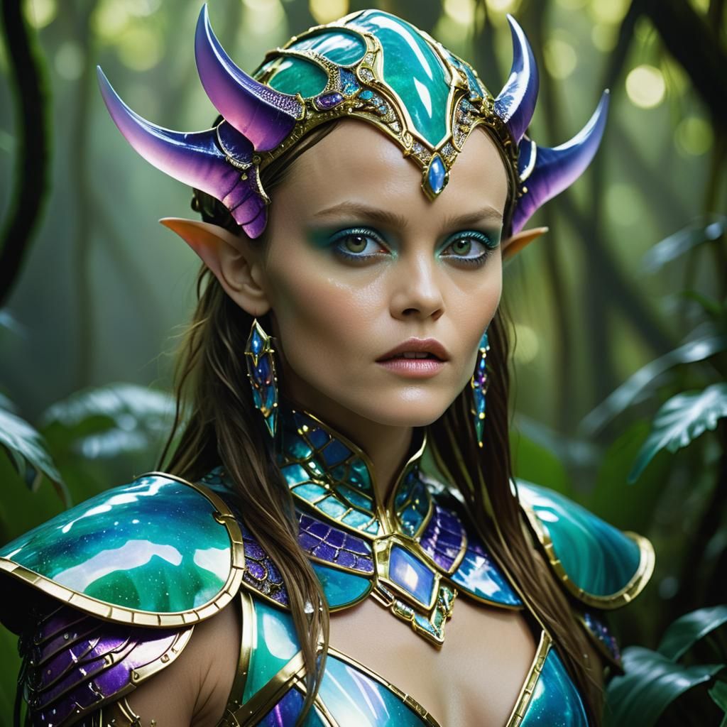 Luminescent Jungle Warrior Portrait with Iridescent Armor