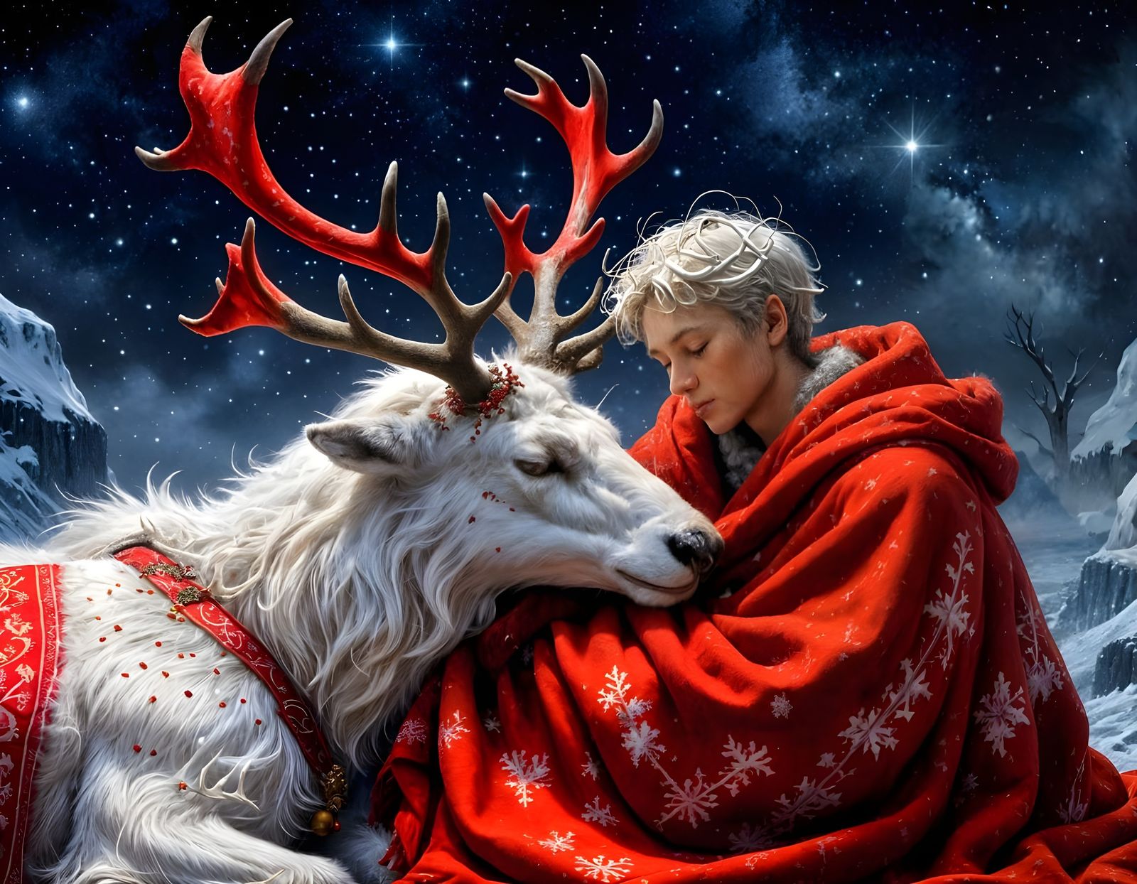 Colossal Reindeer Guardian Protects Sleepy Boy on Winter Chr...