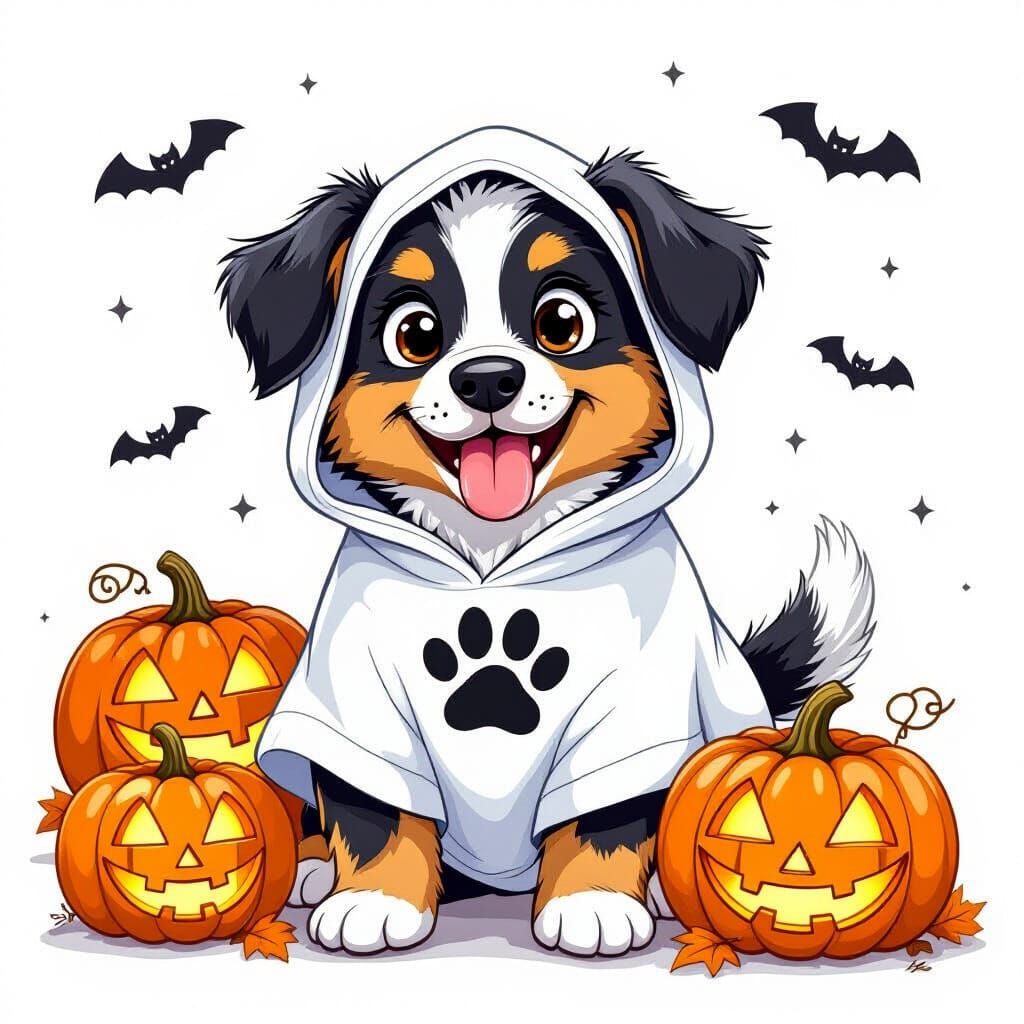 Happy Australian Shepherd Puppy in Ghost Costume for Hallowe...
