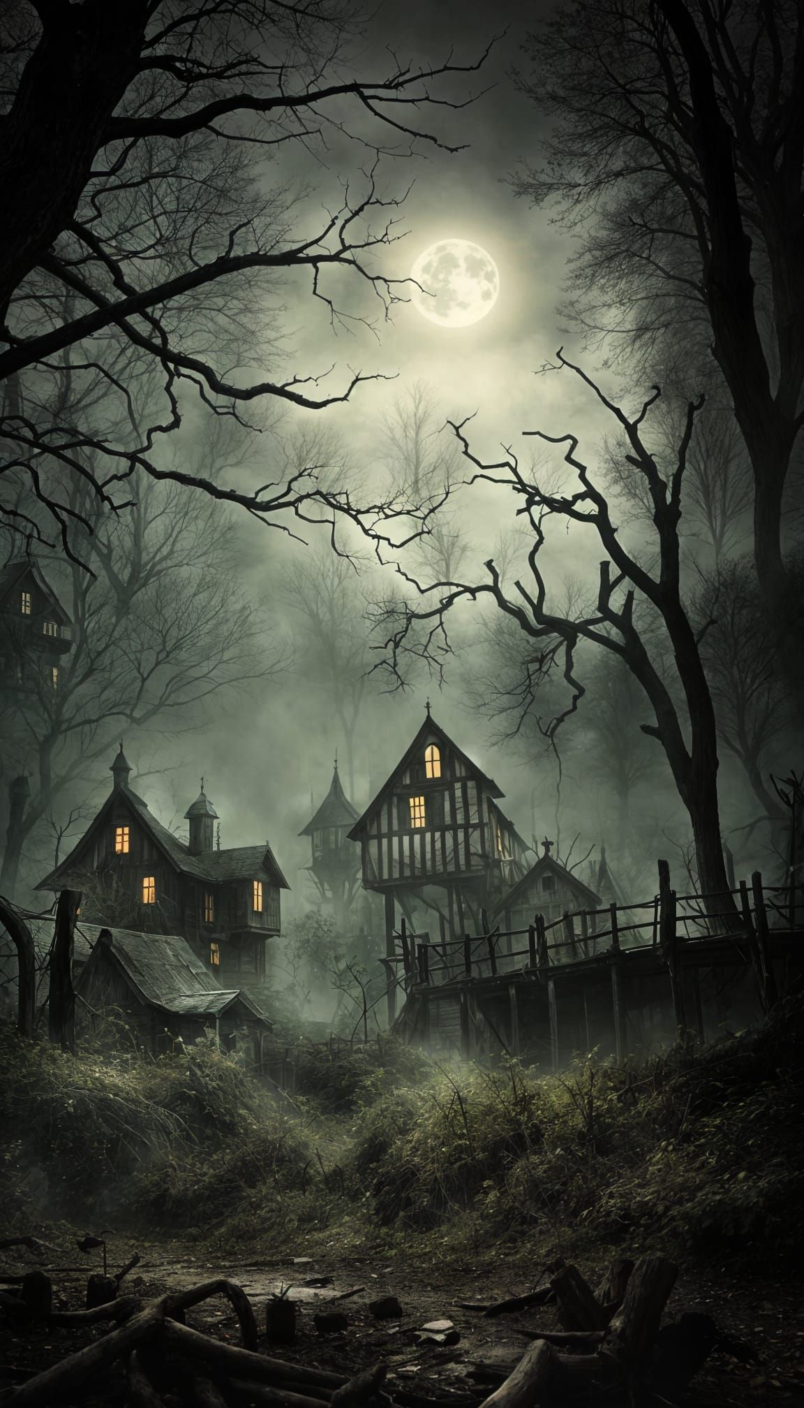 Spooky Haunted Village in Forest: Eerie Scene