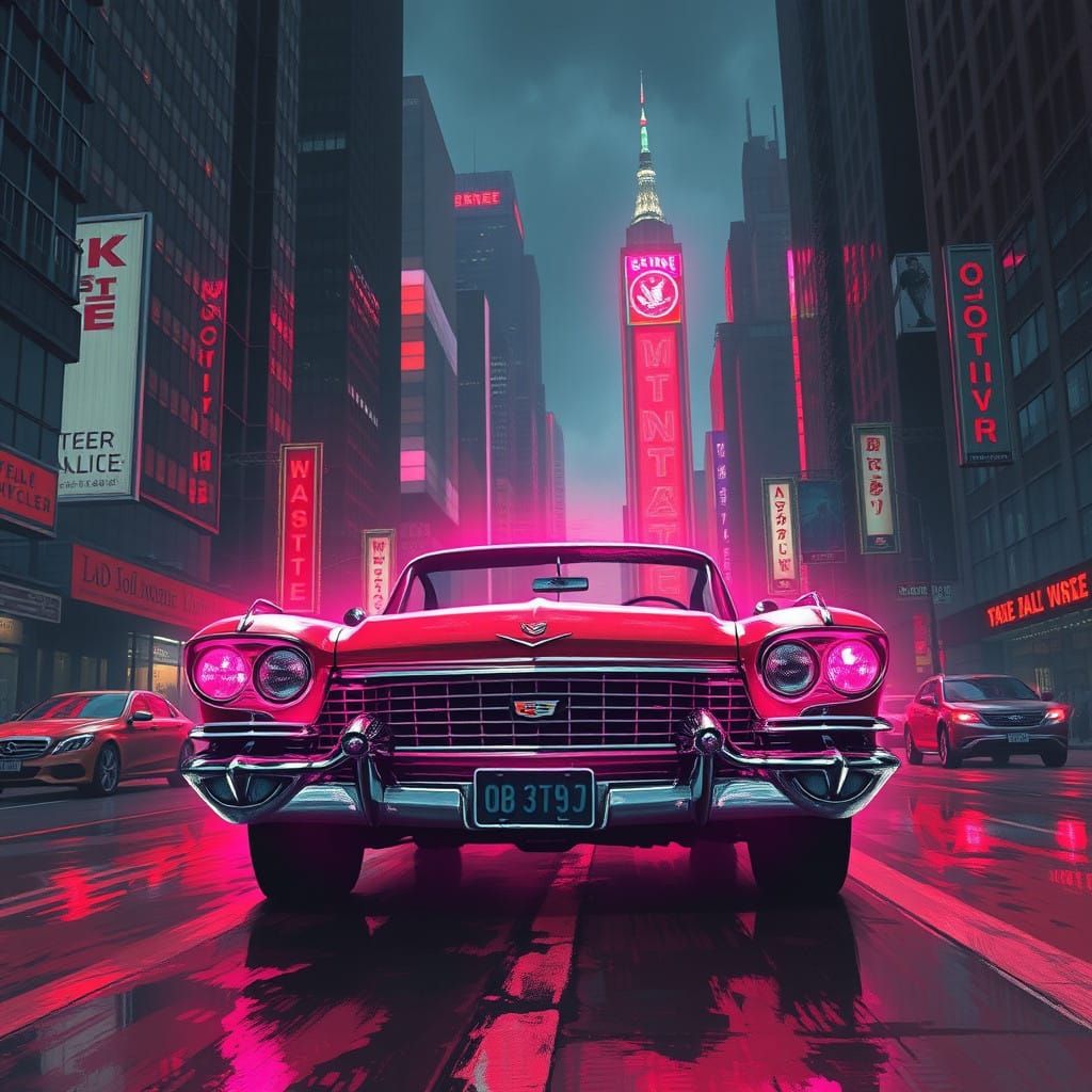 Neon City Dreamscape with a Vintage Cadillac