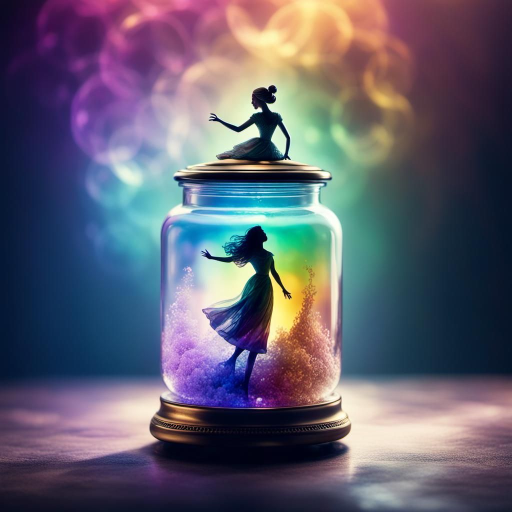 Crystal Jar with Dancing Woman in Rainbow Mist