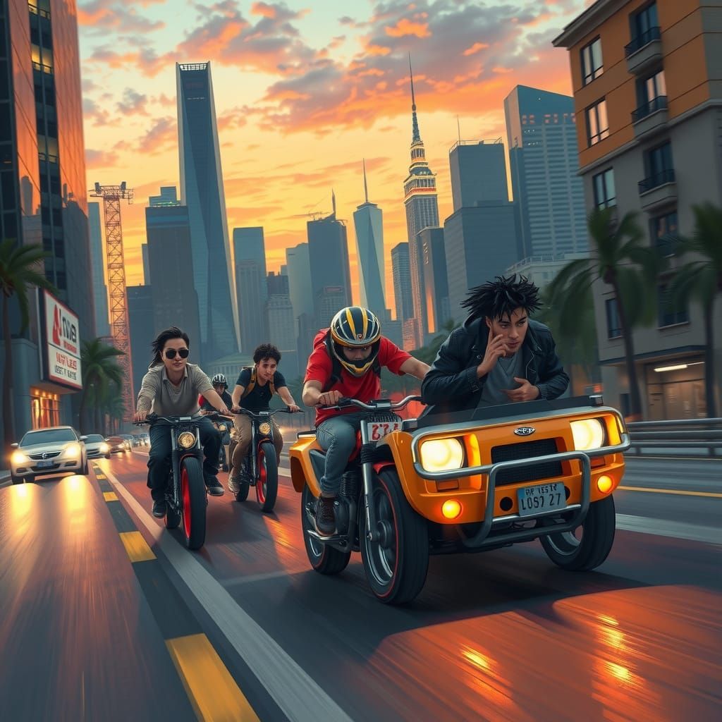 Youthful Street Racers Speed Down Neon-Lit City Highway