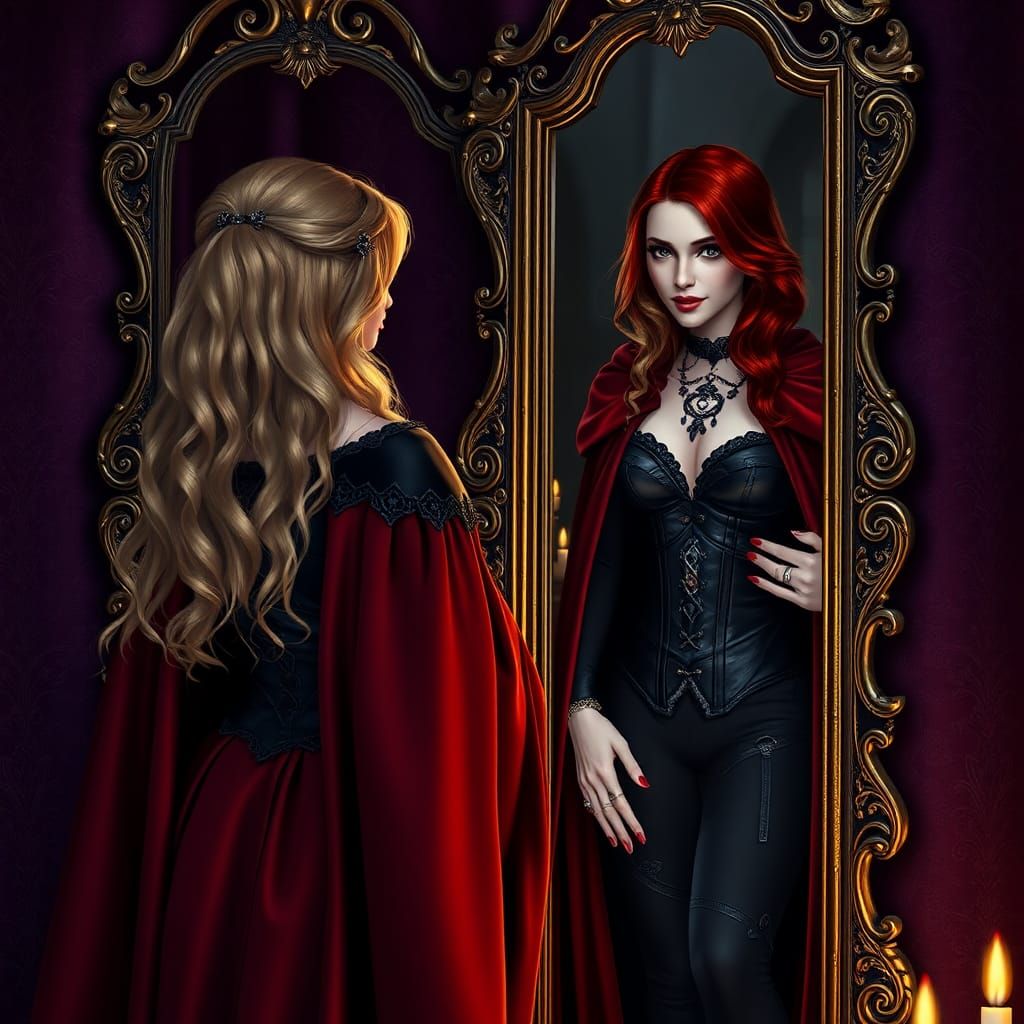 Gothic Witch Portrait with Mirror Reflection