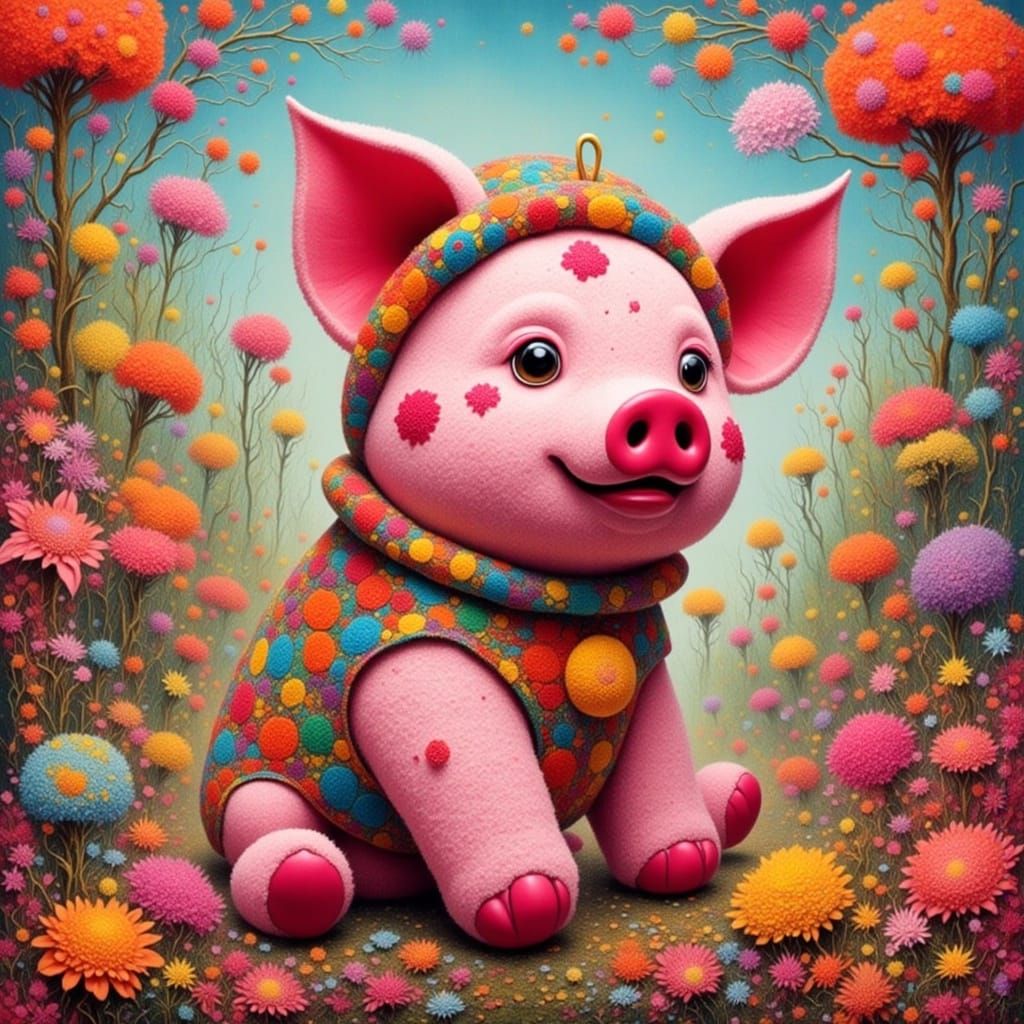 Plush Pig in Candyland, Gouache Art Style