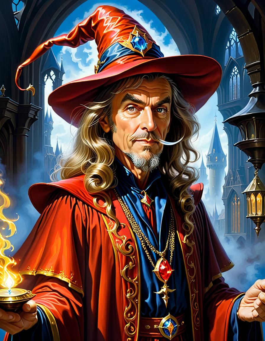 Rincewind Wizard Portrait at Unseen University in Oils