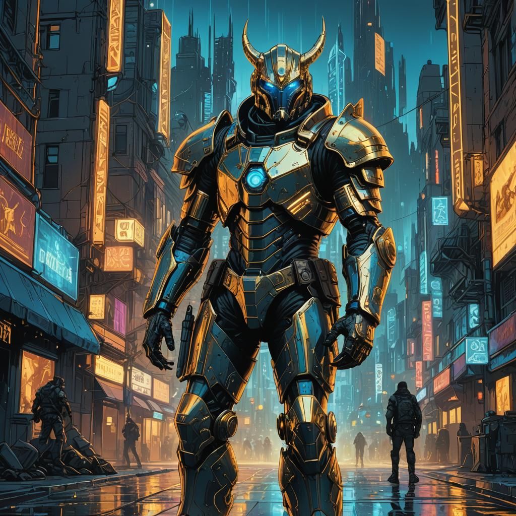 Cyberpunk Mercenary in Renaissance-Inspired Cityscape