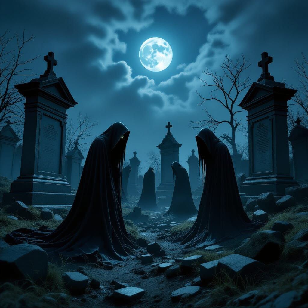 Gothic Cemetery Emergence Under Pale Moonlight