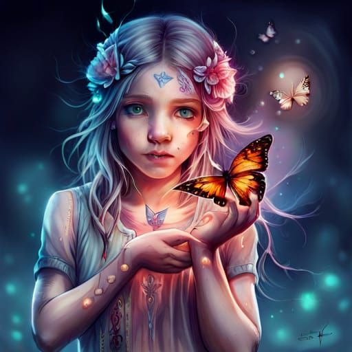 Girl with Glowing Butterfly in Dark Fantasy Style