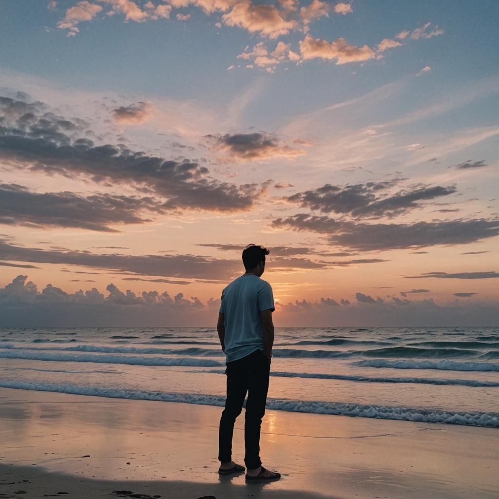 Beach Sunset with Figure, Hyperrealistic Splash Art