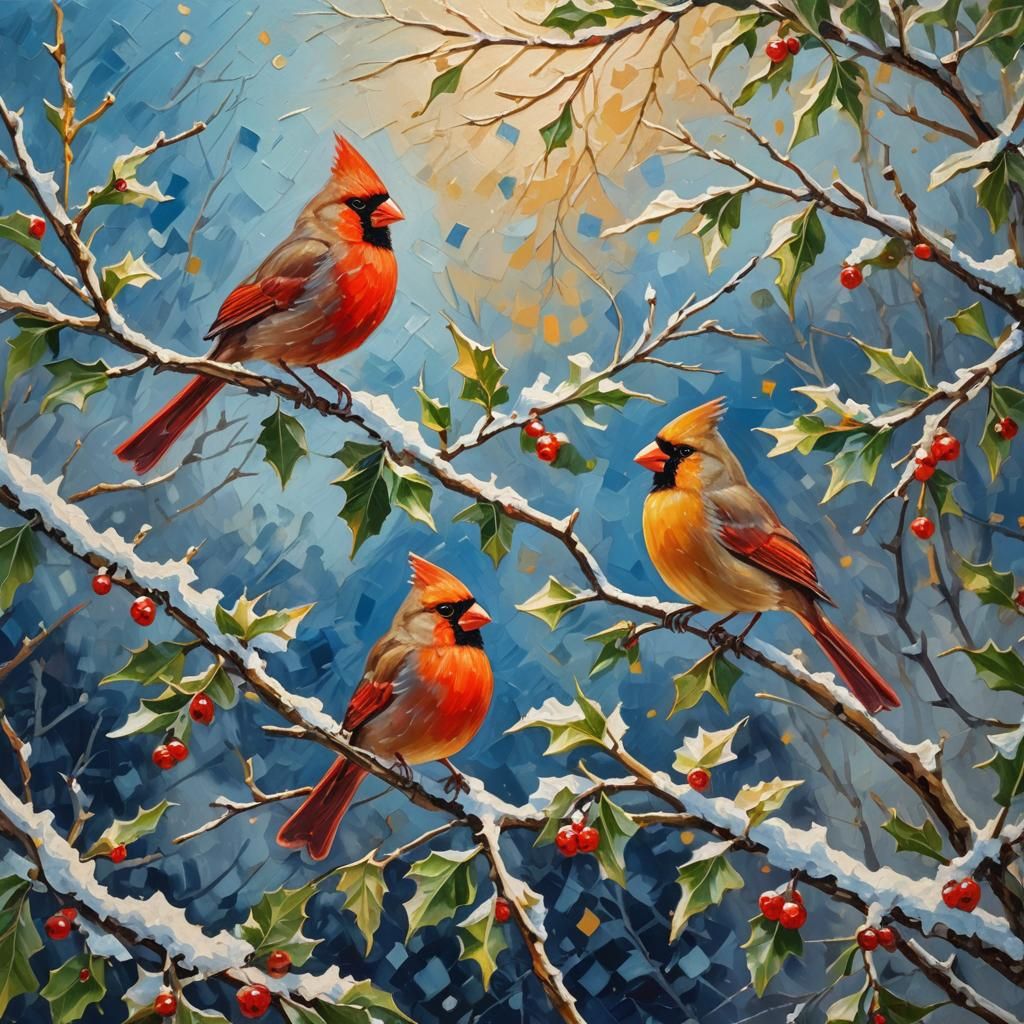 Cardinals in Snow: A Neo-Impressionistic Oil Painting