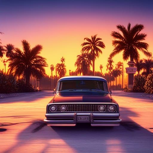 Lowrider Sunset with Palm Trees: Detailed Matte Painting