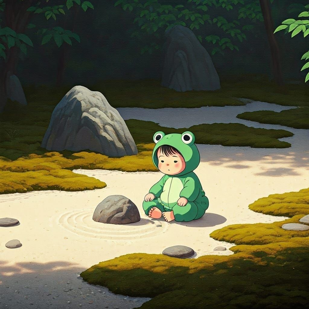 Toddler Meditates in Zen Garden, Ghibli-esque