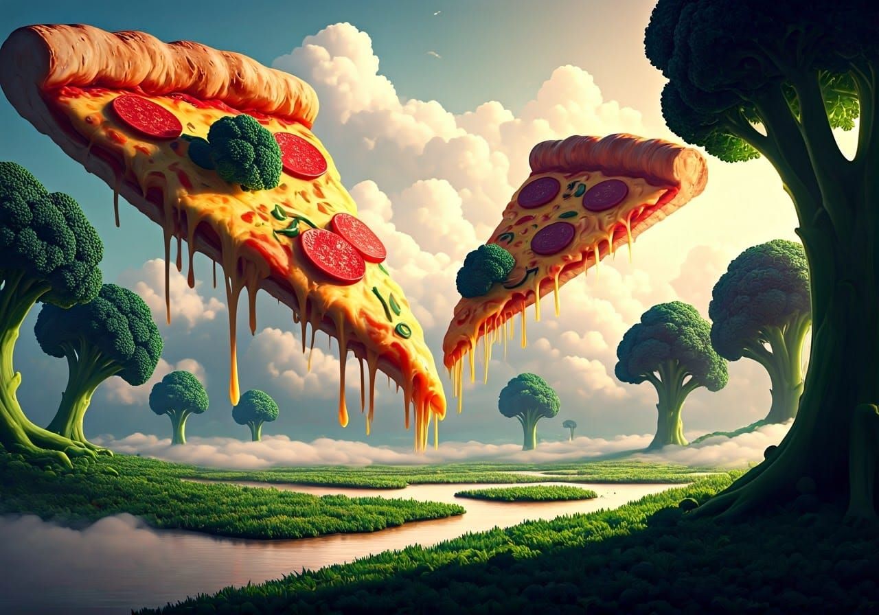 Dreamscape: Floating Pizza Islands in Ghibli Style