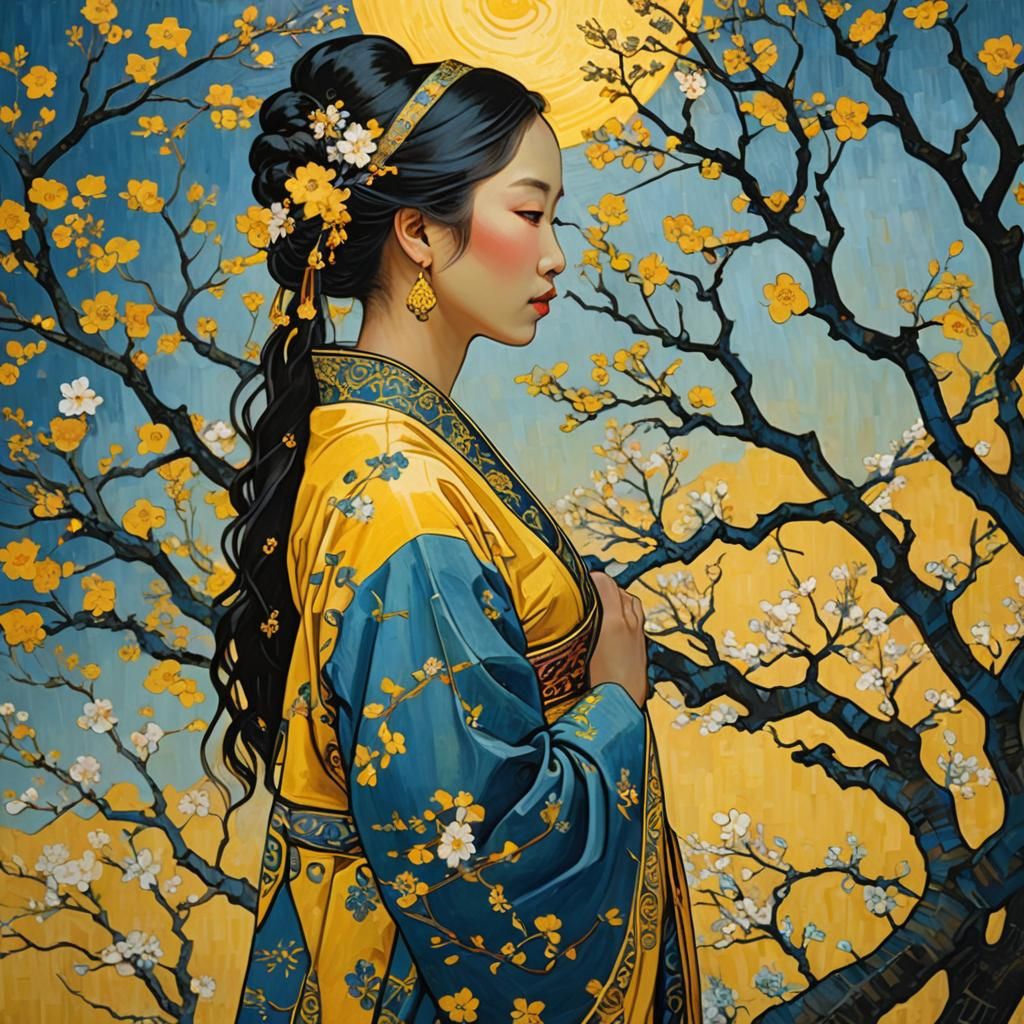 Oriental Goddess Portrait with Sakura Trees