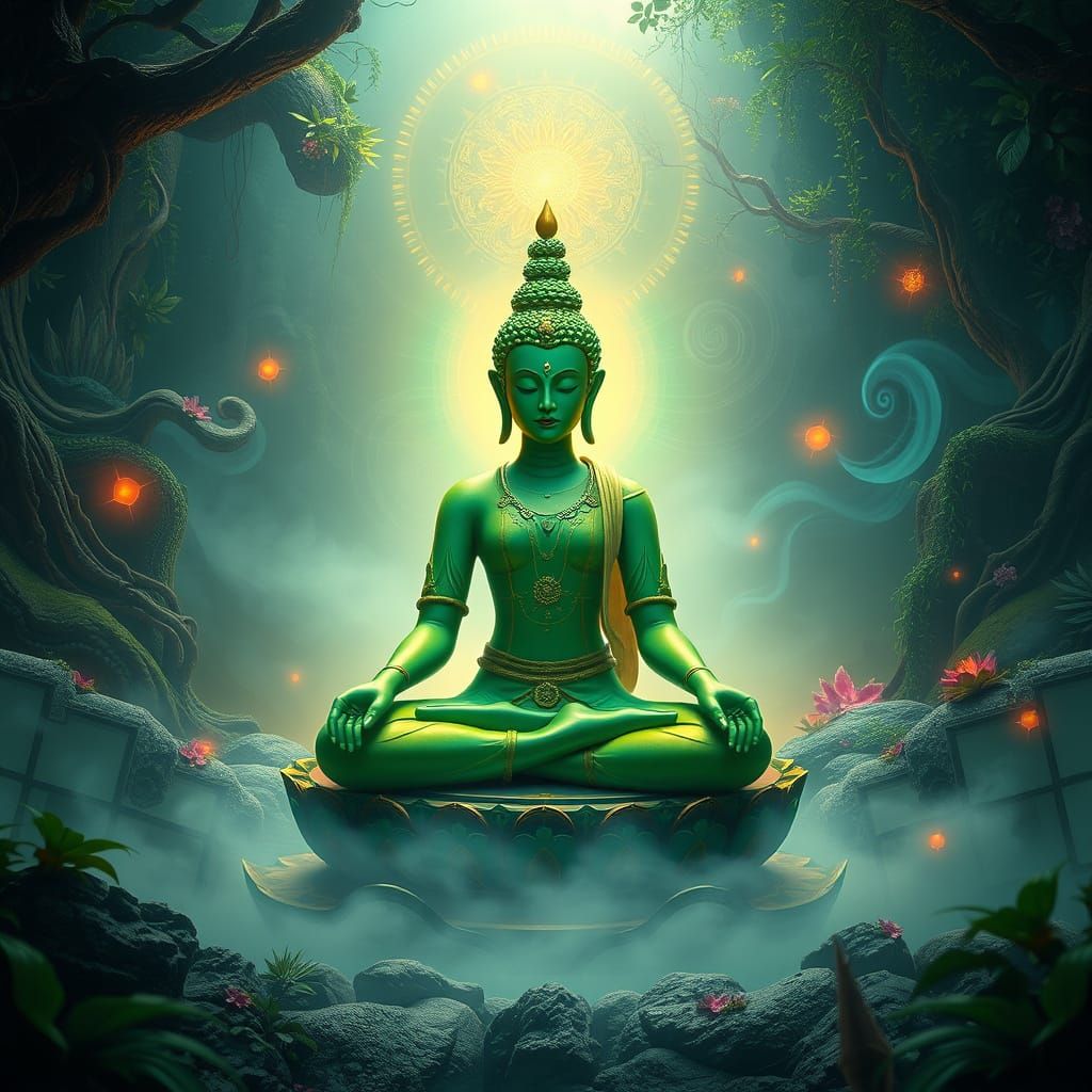 Serene Tantric Goddess in Lush, Vibrant Atmosphere