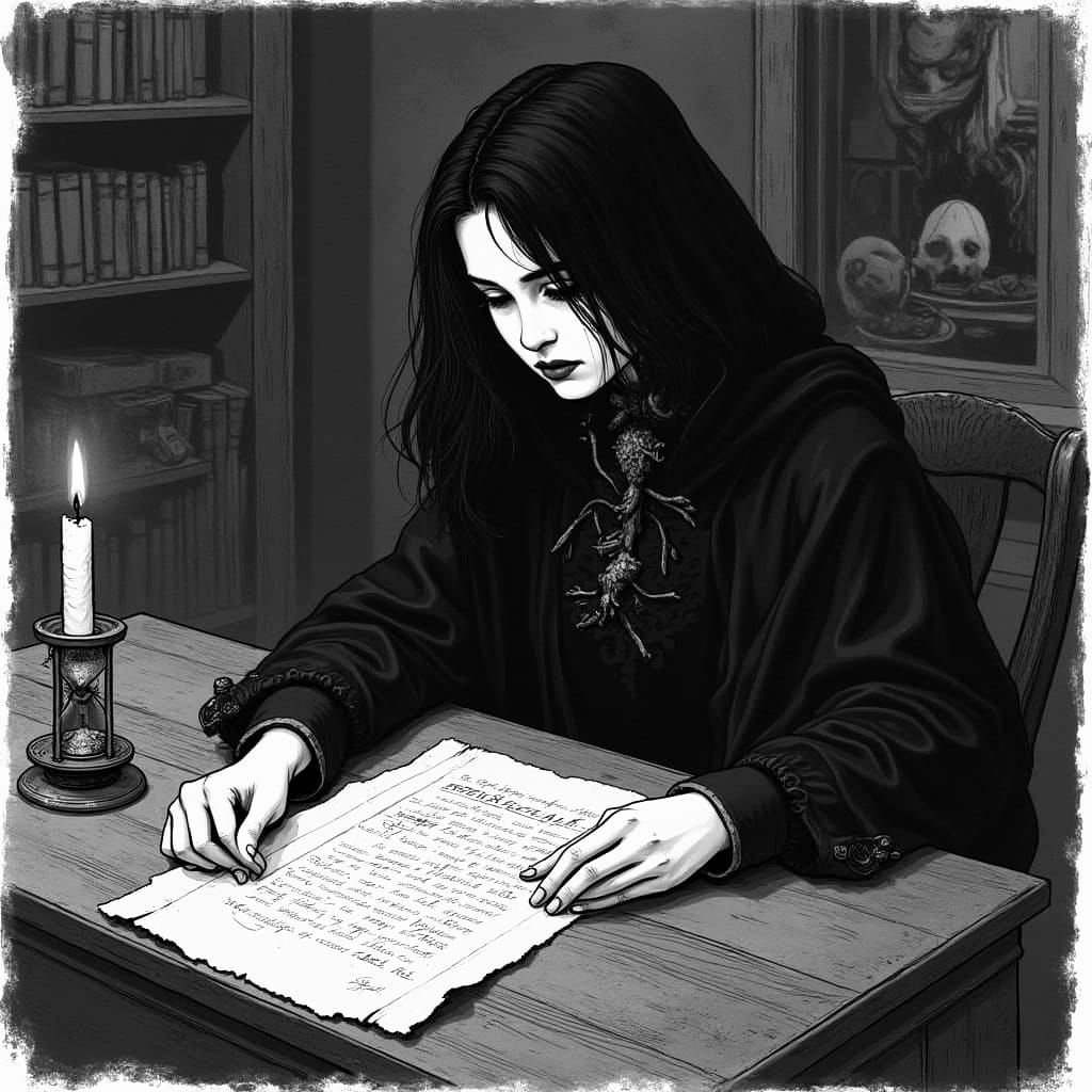 Dark Academia Student Studies Ancient Tomes in Vintage Etchi...