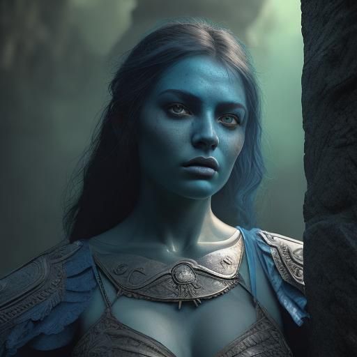 Blue-Skinned Cleric in Ancient Temple