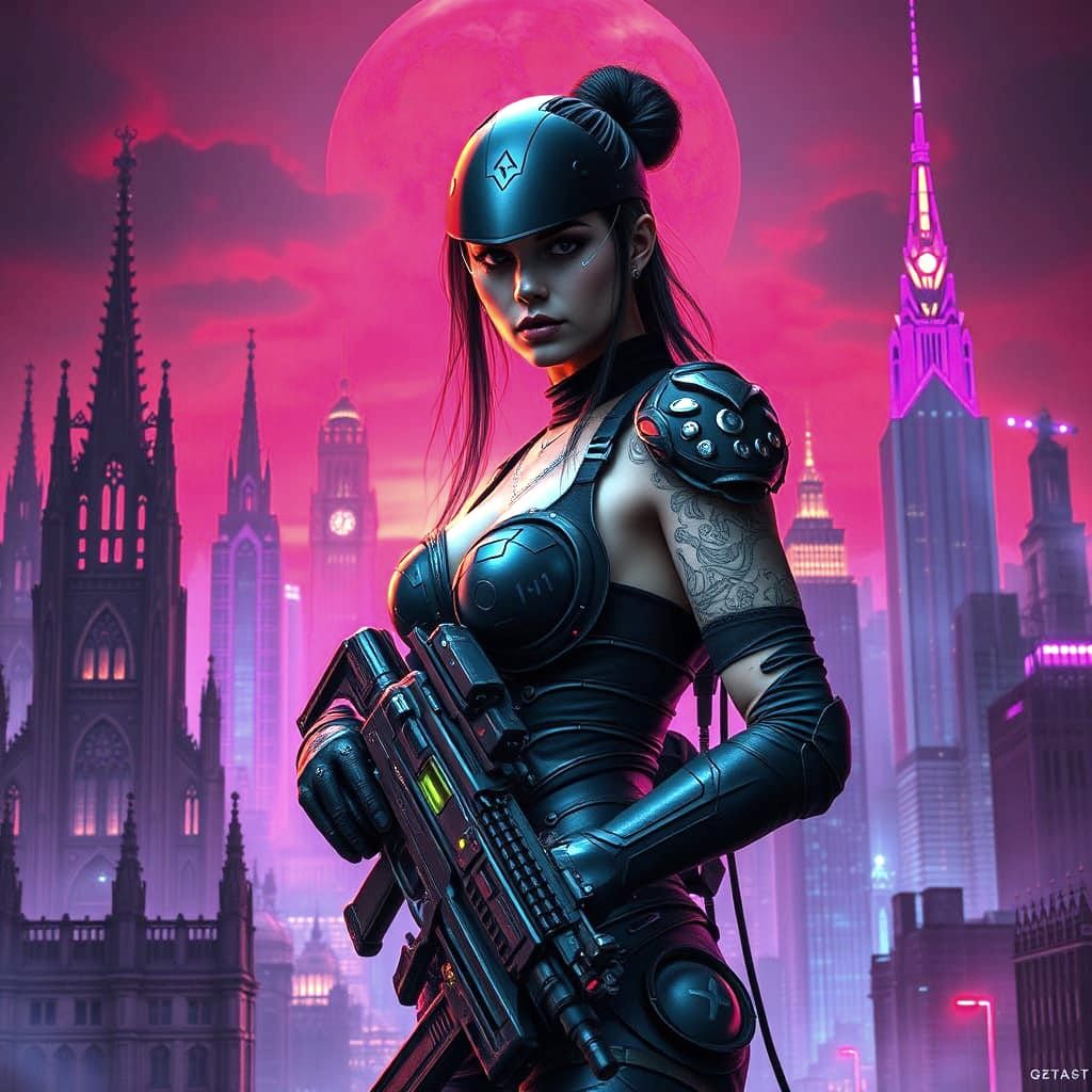 Cyberpunk Goddess in Gothic Metropolis