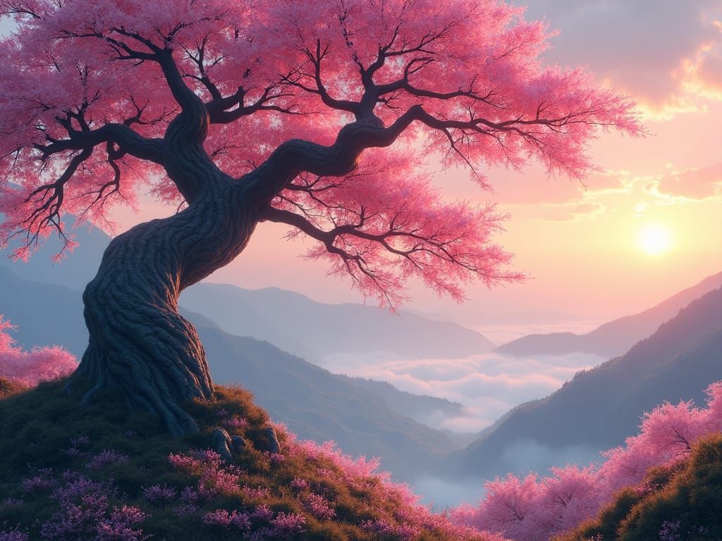 Majestic Sakura Tree at Sunset, Cinematic Landscape