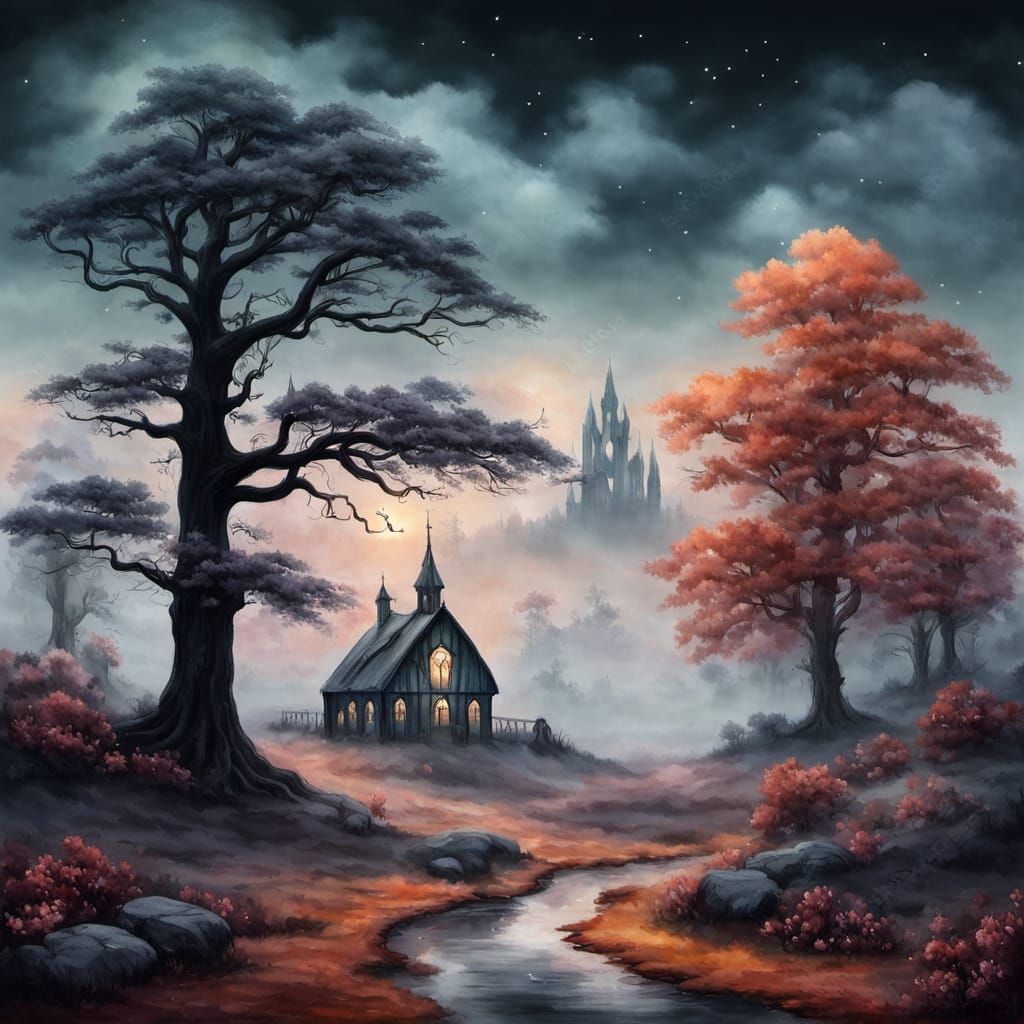 Misty Moor Landscape in Romantic Gothic Style