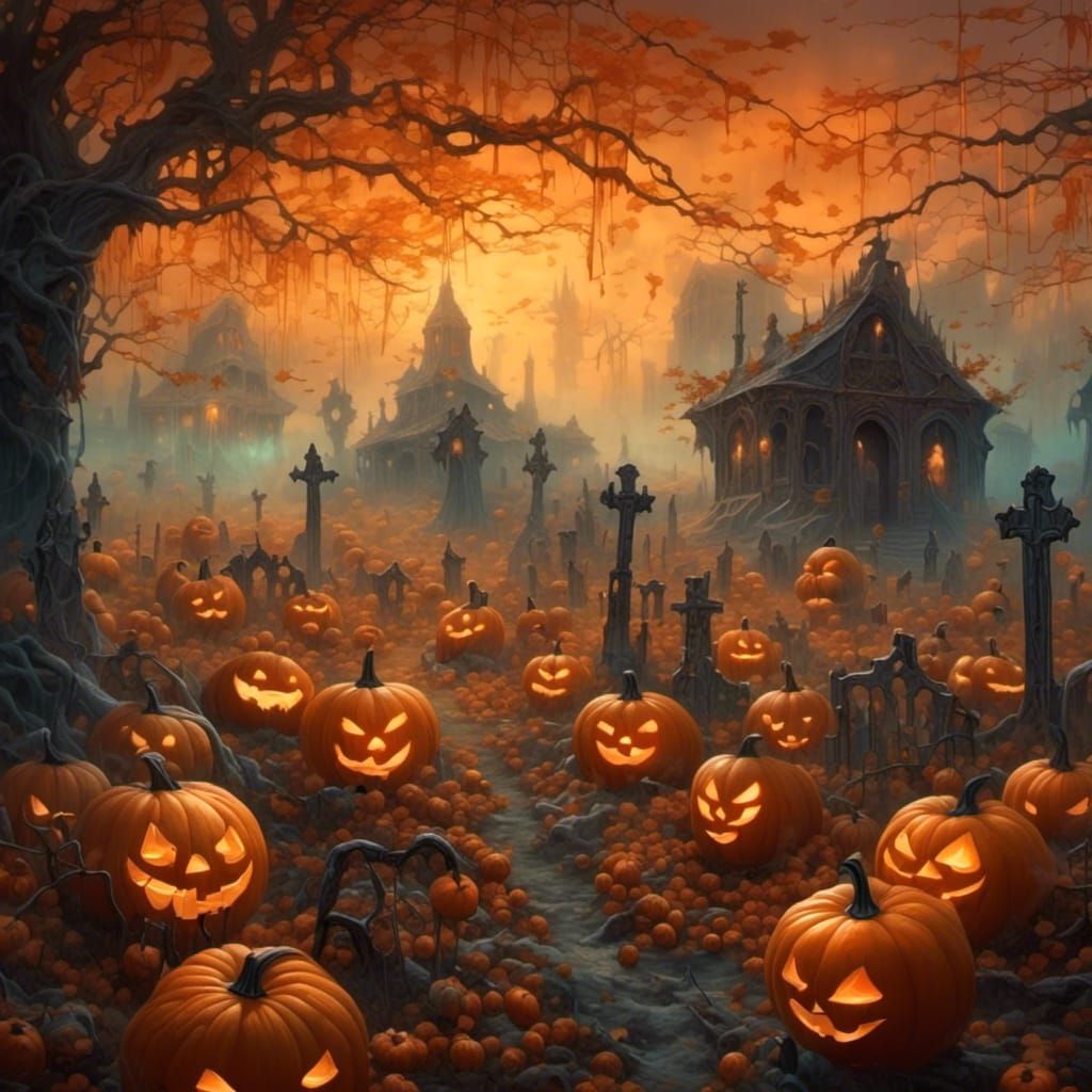 Haunted Pumpkin Patch at Dusk: Surreal Oil Painting