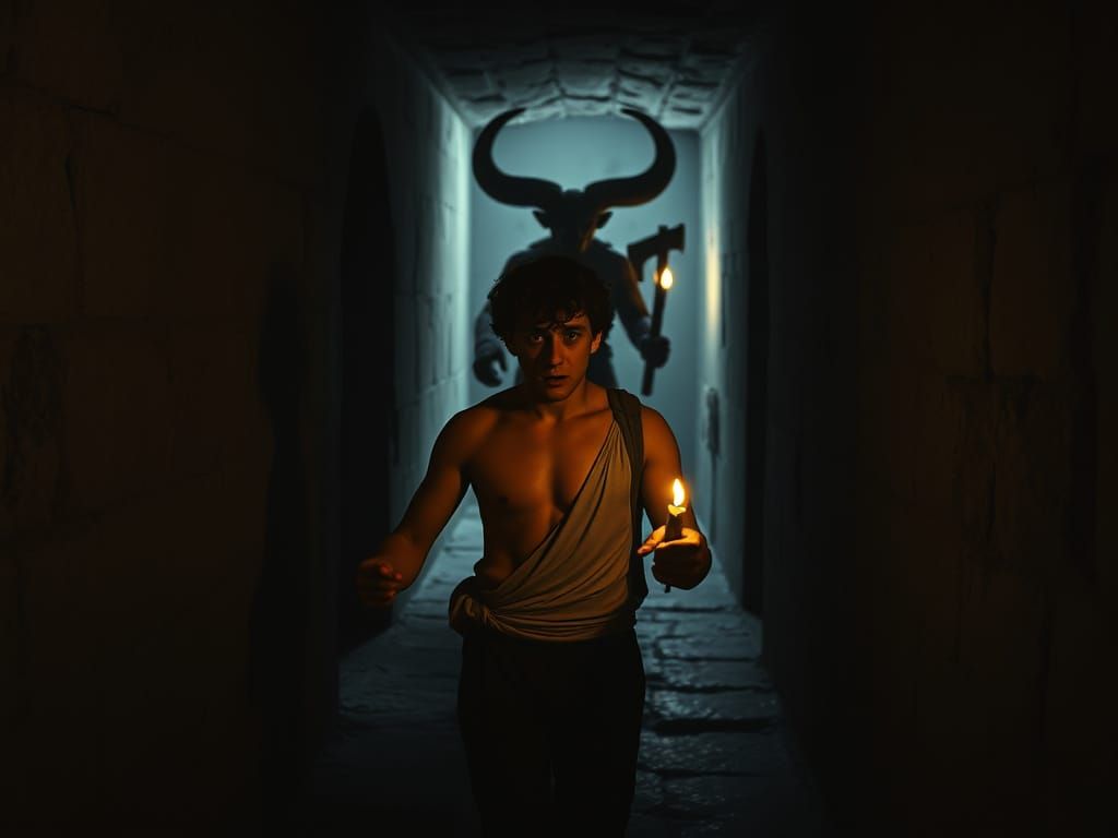 Lost Greek Man Flees Minotaur in Labyrinth