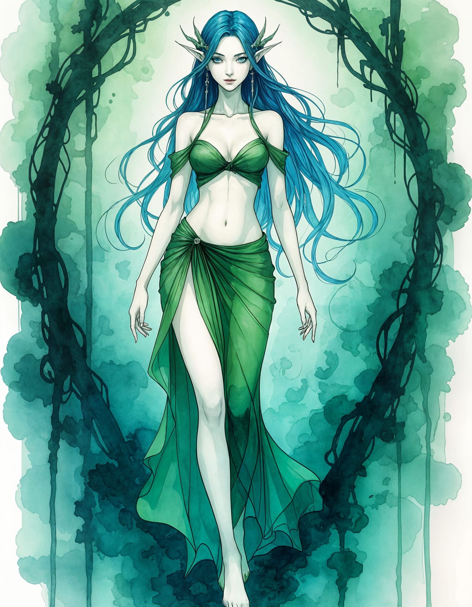 Graceful Translucent Dryad in Ink Drawing Style