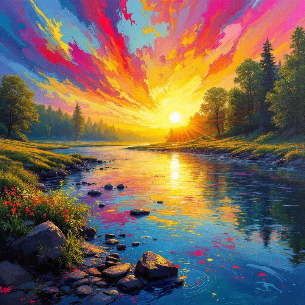 Graffiti Splash Art Sunrise Over Serene River