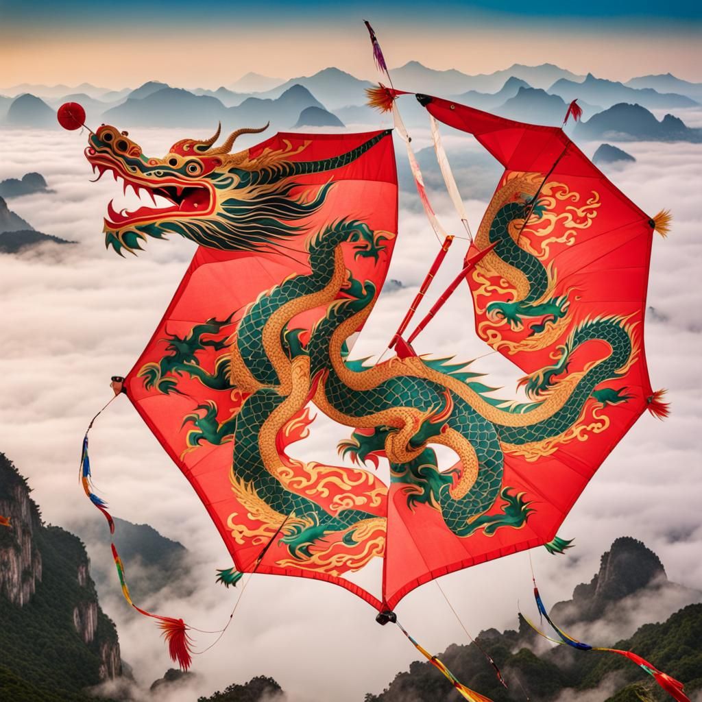Dragon Kite Over Chinese Landscape