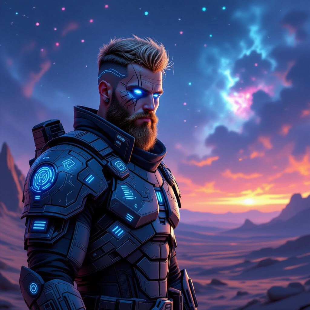 Stoic Warrior with Cybernetics on Alien Planet