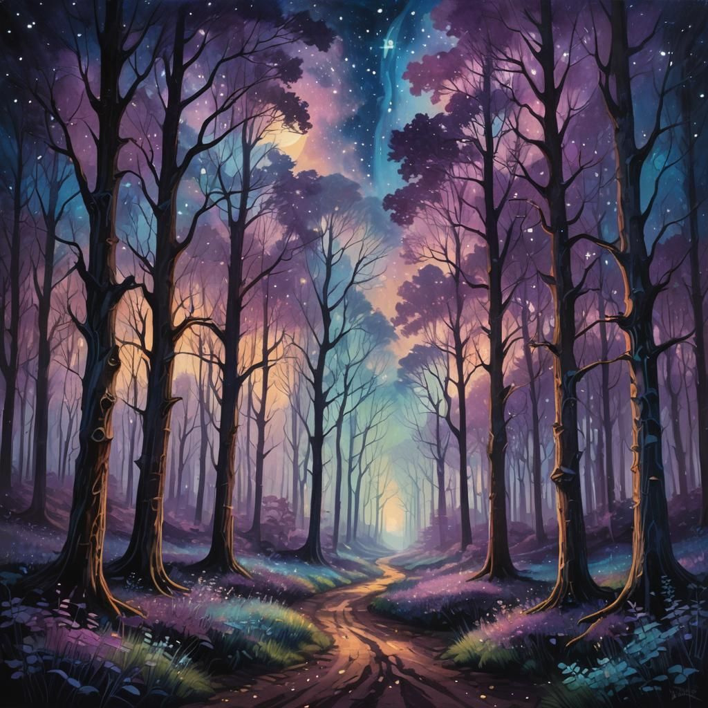 Mystical Forest at Night as Painterly Landscape