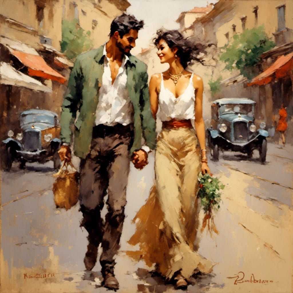 Loving Couple Walking on City Street