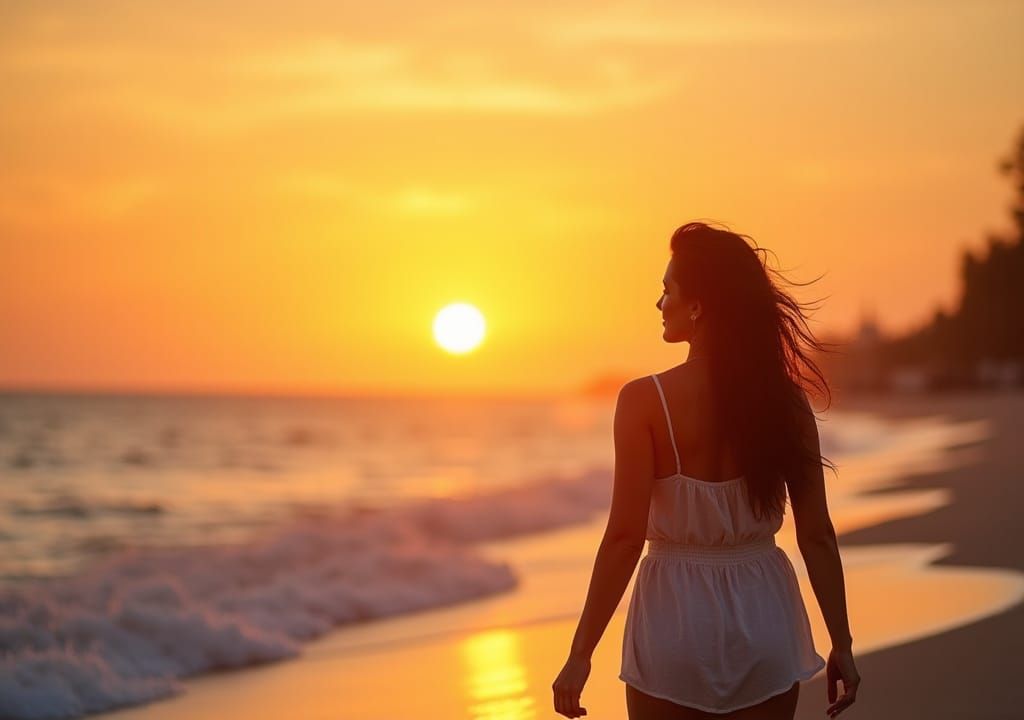 Woman Walks Beach at Sunset: Professional Photography