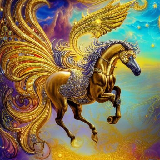 Golden Fractal Pegasus Digital Oil Painting