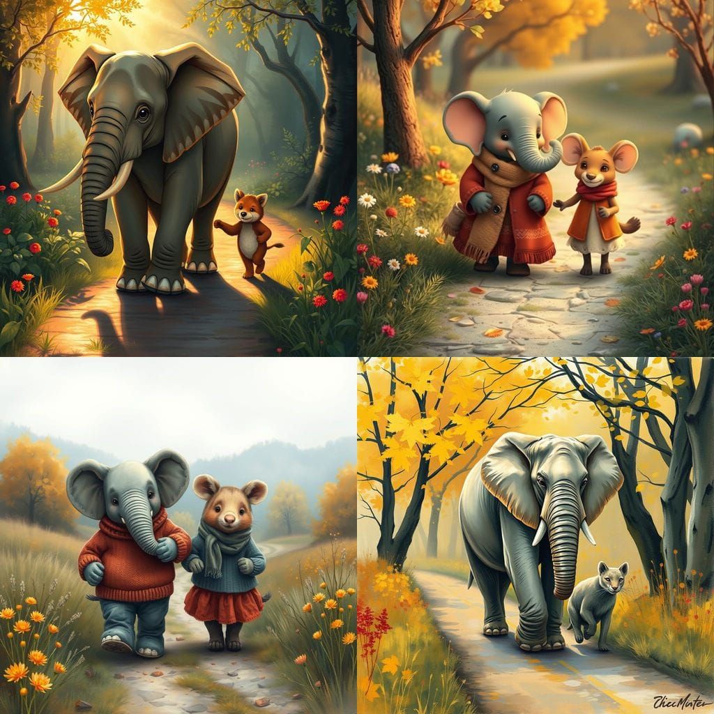 Elephant and Mouse Friends Walk in Autumn Landscape