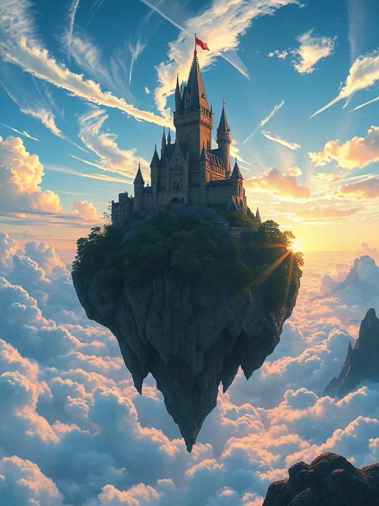 Majestic Floating Island Castle at Sunset, Ghibli Inspired