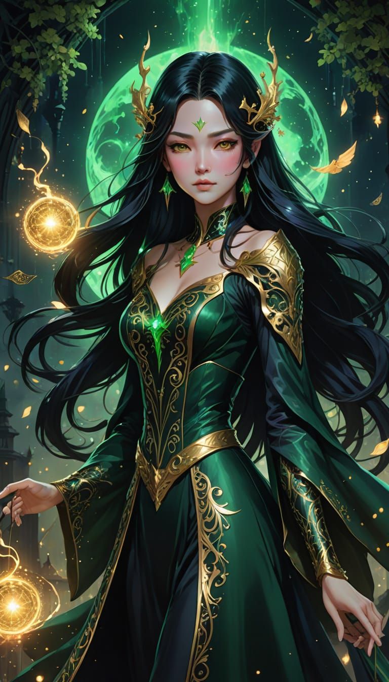 Semi-Realistic Anime Witch in Dark Green Gown with Emerald S...