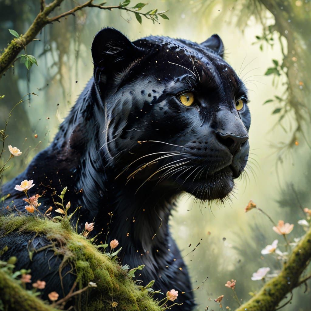 Black Panther on Moss: Whimsical Watercolour Painting