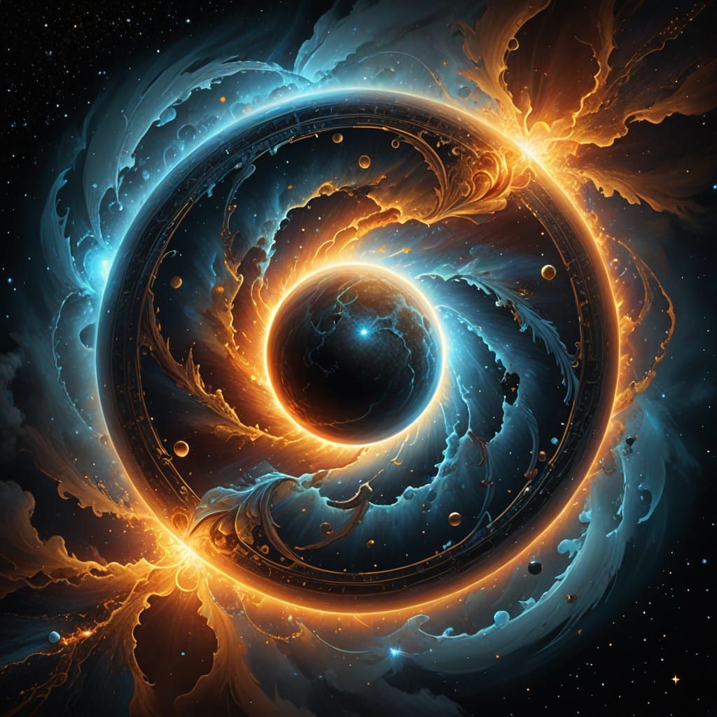 Celestial Struggle: Majestic Cosmic Conflict in Vibrant Oil