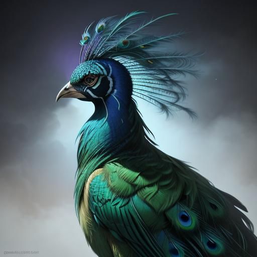 Fantasy Woman with Peacock Hair, Vibrant Oil Painting